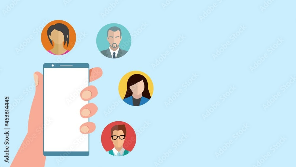 Aufkleber social media animation video with a mobile on hand and floating characters. digital mobile animation