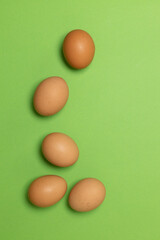 Organic brown chicken eggs on a green background. Minimal creative art