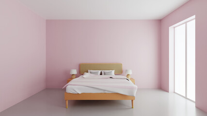 3D illustration modern interior design. Beautiful bedroom with pink walls and stylish large bed. 3D illustration.