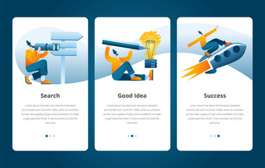 Fototapeta premium A woman with binoculars is looking for a successful idea, draws a new idea and flies on a rocket. A set of mobile phone screen templates on the topic of success, ideas and startups.