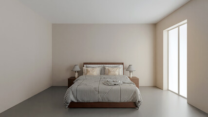 3D illustration modern interior design. Beautiful bedroom with stylish large bed. 3D illustration.