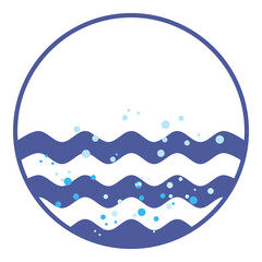 Round emblem with sea waves and air bubbles in water. Ocean waves for nautical logo design. Neptunian symbol for t-shirt marine prints and other uses. Sea cruise, sailing travel or navigation theme.