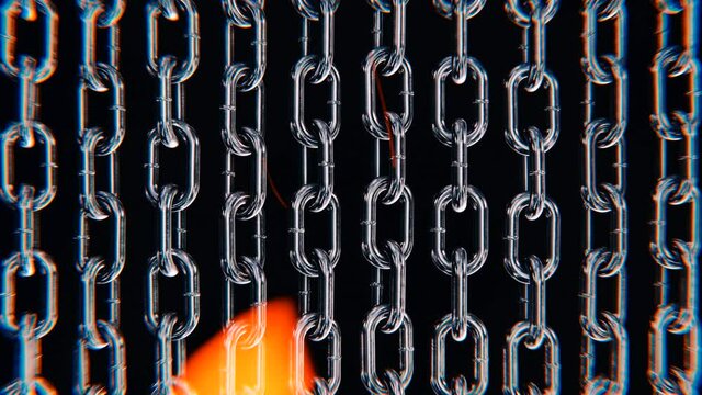Realistic looping graded 3D animation of the rotating scratched grimy vertical steel chains against fire flame rendered in UHD as Halloween motion background. CG plus live UHD footage.