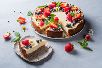Cheesecake pie with fresh berries, strawberries, blueberries and blackberries and mint chamomiles in a round plate on a grey background.