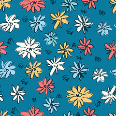 Seamless pattern with hand drawn meadow flowers in Ditsy style. Colorful illustrations on blue background for surface design and other design projects