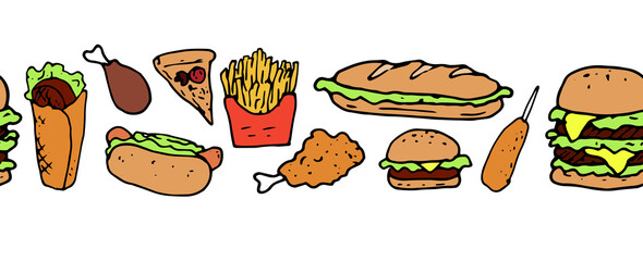 Vector seamless fast food border in flat style. horizontal strip drawn in doodle pizza, burger, sandwich, shawarma, chicken leg, french fries on white for menu design template, packaging labels