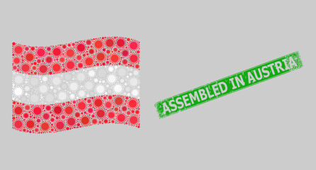 Distress Assembled in Austria and mosaic waving Austria flag designed with sun items. Green seal has Assembled in Austria tag inside rectangle.