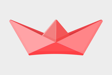 Paper boat isolated on white background. Origami pink folded toy ship. Water transport, sea and travel symbol. Paper boat icon. Hand made art craft. Design element. Stock vector illustration