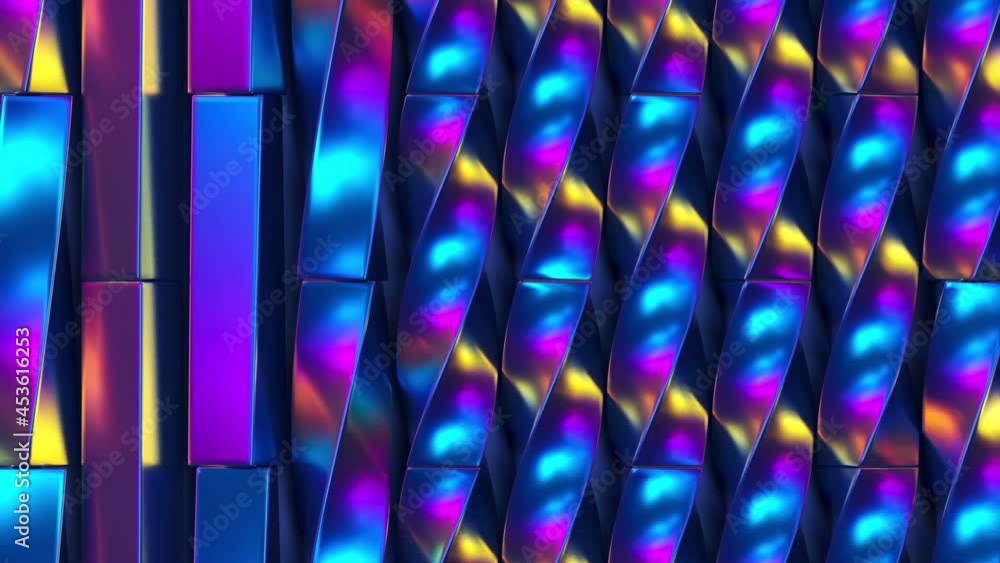 Poster holographic iridescent metallic shiny shapes rotating on dark background. 3d render seamless looping