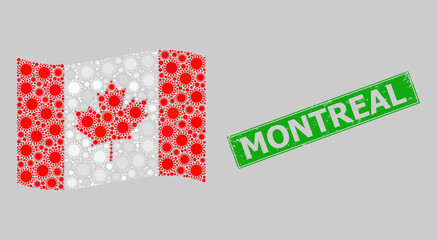 Rubber Montreal and mosaic waving Canada flag created with sun items. Green stamp seal includes Montreal text inside rectangle.