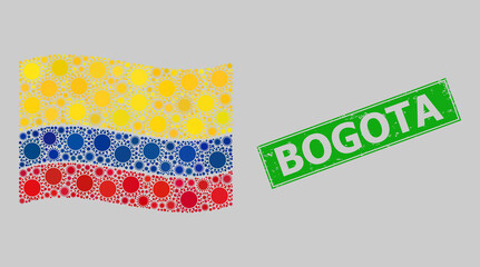 Textured Bogota and mosaic waving Colombia flag designed with sun icons. Green stamp seal includes Bogota title inside rectangle.