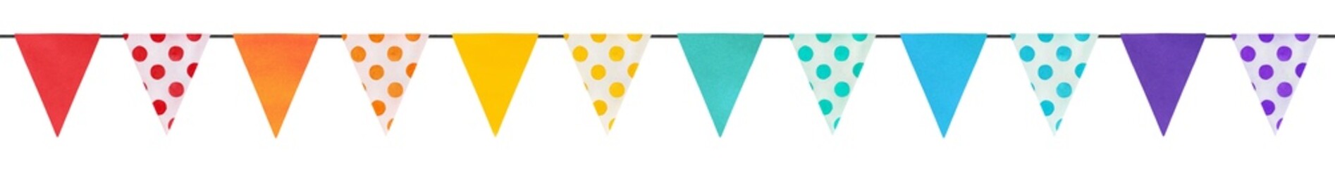 Colorful pennant flags banner with blank and polka dot pattern in rainbow colors: red, orange, yellow, green, blue and violet. Seamless repeatable hand painted water color clip art element for design.