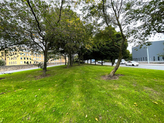 Green space with trees, running  between Croft Street, in the post industrial city of, Bradford, Yorkshire, UK