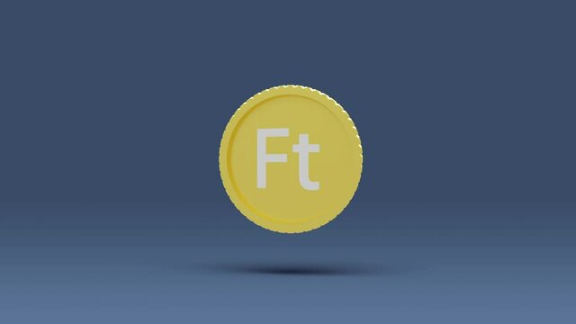 Currency icon animation 3d rendering. 3d animated Hungarian forint currency symbol spinning with shadow. Forint currency golden coin animation video.