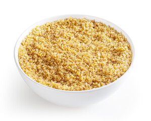 Dried bulghur in white bowl isolated on white background with clipping path