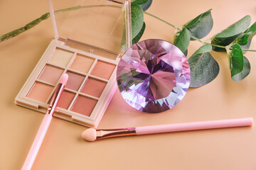 cosmetics for makeup, lipstick, mirror, eye shadow and brushes