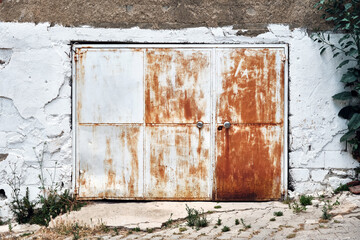 Old metal rusty gray warehouse door