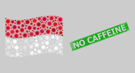 Fototapeta premium Grunge No Caffeine and mosaic waving Indonesia flag designed of sun items. Green badge has No Caffeine caption inside rectangle.