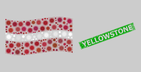 Grunge Yellowstone and mosaic waving Latvia flag designed with sun items. Green stamp seal has Yellowstone caption inside rectangle.