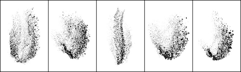 Obraz premium Set of explosion black grainy texture isolated on white background. Dust overlay textured. Dark noise particles. Grunge design elements. Vector illustration, Eps 10.