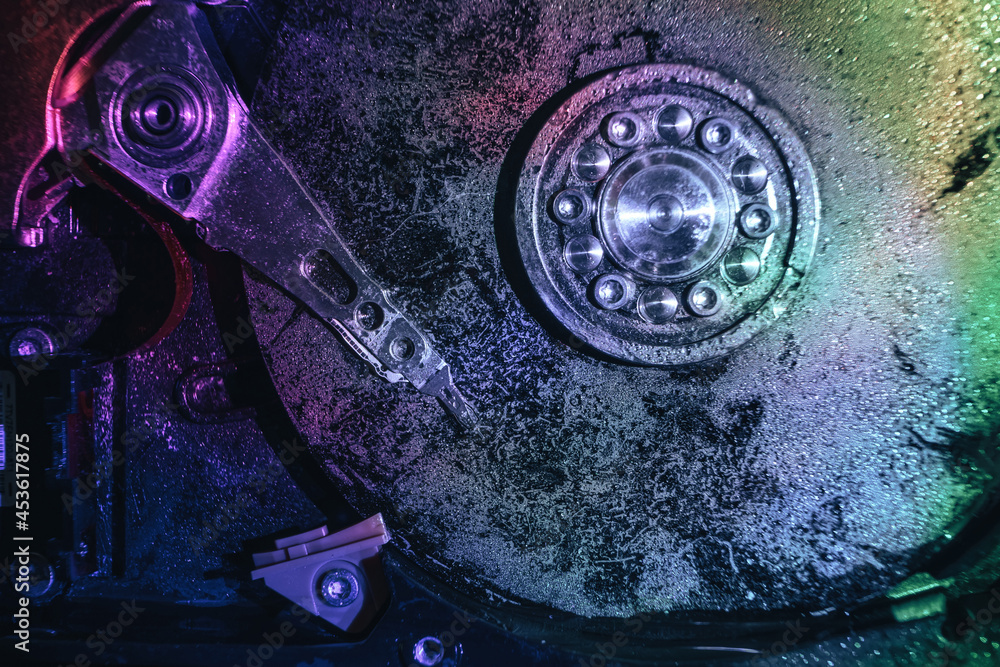 Poster Close up beautiful open detail frozen hard disk. Concept protection information or save user data.