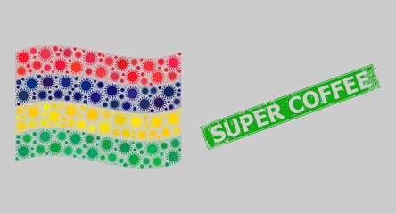 Rubber Super Coffee and mosaic waving Mauritius flag constructed of sun icons. Green seal has Super Coffee text inside rectangle.