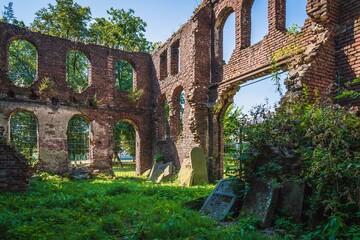 Fototapeta na wymiar Velyki Mosty, Ukraine - july, 2021: the ruins of Synagogue in Velyki Mosty. 