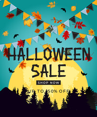 Halloween sale poster with flags and garland on blue background. Vector Illustration