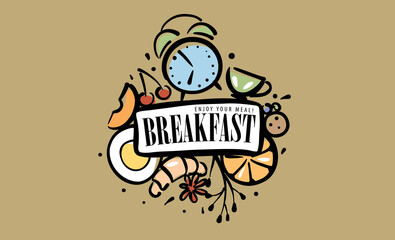 Fototapeta premium A painted set of breakfast products in the form of an emblem