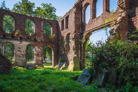 Velyki Mosty, Ukraine - july, 2021: the ruins of Synagogue in Velyki Mosty.	