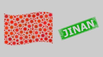 Textured Jinan and mosaic waving red flag created with sun icons. Green stamp includes Jinan text inside rectangle. Vector sunny mosaic waving red flag combined for decoration purposes.