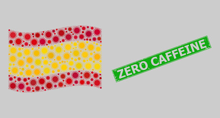 Distress Zero Caffeine and mosaic waving Spain flag constructed with sun elements. Green badge includes Zero Caffeine caption inside rectangle.