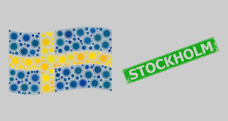 Fototapeta na wymiar Grunge Stockholm and mosaic waving Sweden flag constructed with sun elements. Green stamp has Stockholm caption inside rectangle.