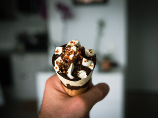 Chocolate ice cream with nuts in a waffle, photo close up details, blurred background