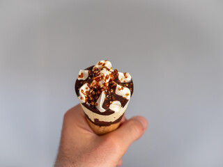 Chocolate ice cream with nuts in a waffle, photo close up details, blurred background