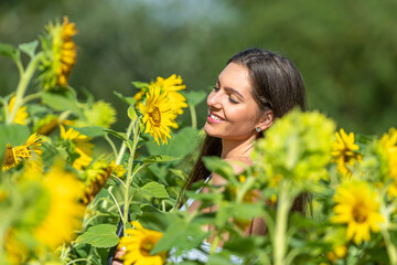 sensual slim woman with long hair in a sunflower field on a sunny summer day