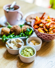 Vegan food served on a restaurant table