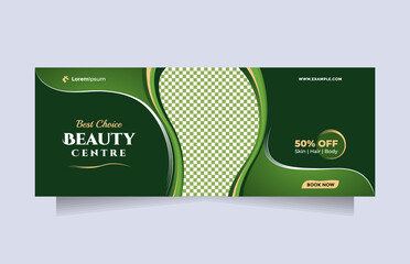 Landscape social media banner template for Clean and modern beauty center promotion. Concept of professional hair beauty treatment, cosmetic sale, skin care, hair salon, something natural, etc