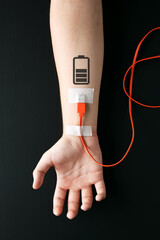 USB charge cable plugged in to a male arm with battery charging symbol. Tiredness, recharging,...