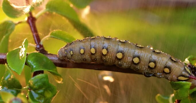 Caterpillar Bedstraw Hawk Moth crawls on a branch during the rain. Caterpillar (Hyles gallii) the bedstraw hawk-moth or galium sphinx, is a moth of the family Sphingidae.