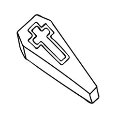 Doodle wooden coffin with a cross. Hand drawing vector illustration with black line. Simple element of the picture of death. Icon from the collection for the holiday Halloween.