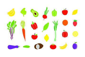 Vector Set of Doodle Fruits and Vegetables Isolated on White Background, Hand Drawn Colorful Illustration, Icons Set, Flat Icons, Berries.