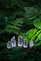 Clear quartz crystals on natural dark forest background. Magic healing gemstones for Crystal...
