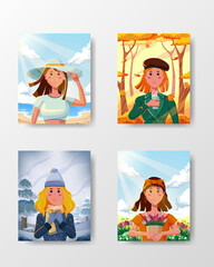 four woman with stylish fashion on different season, summer, fall, winter, spring with activity and happiness illustration concept