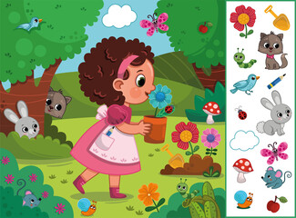 Fototapeta na wymiar Little Girl in Nature Hidden Objects Educational Game. Vector Illustration for Children. 