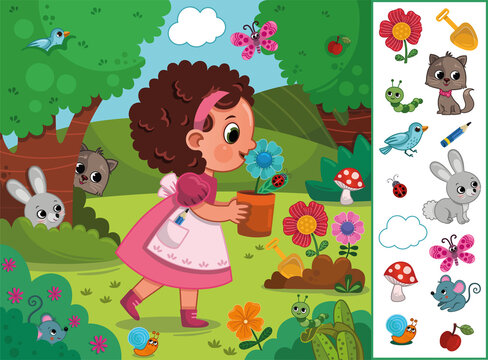 Little Girl in Nature Hidden Objects Educational Game. Vector Illustration for Children.
