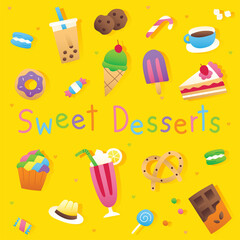 Sweet Gradient Icon Set Cute Flat Outline Style Decoration Element Symbol Vector Illustration, Macaron, Milkshake, Cookie, Ice cream, Coffee, Cake, Bubble Milk Tea Pudding, Cupcake, Pretzel, Chocolate