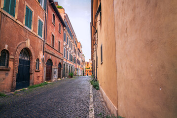 Fototapeta na wymiar A cobbled old lane in Rome with old dilapided palaces