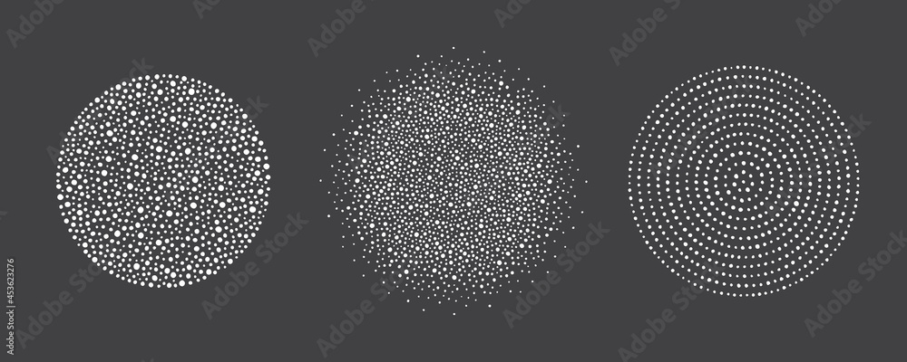 Poster round shapes, snow circles set. sphere made of uneven dots of various size, snowflakes, blobs, spots