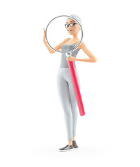 3d senior woman holding big magnifying glass